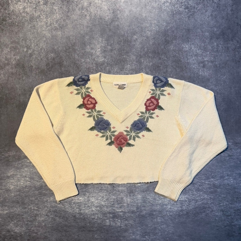 VTG Alfred Dunner Floral Rose Knit Sweater Womens M Cream V Neck Custom Cropped